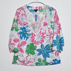 Talbots Top Sz XS Embroidered Crochet V-Neck Tropical Floral Vibrant 3/4 Sleeves